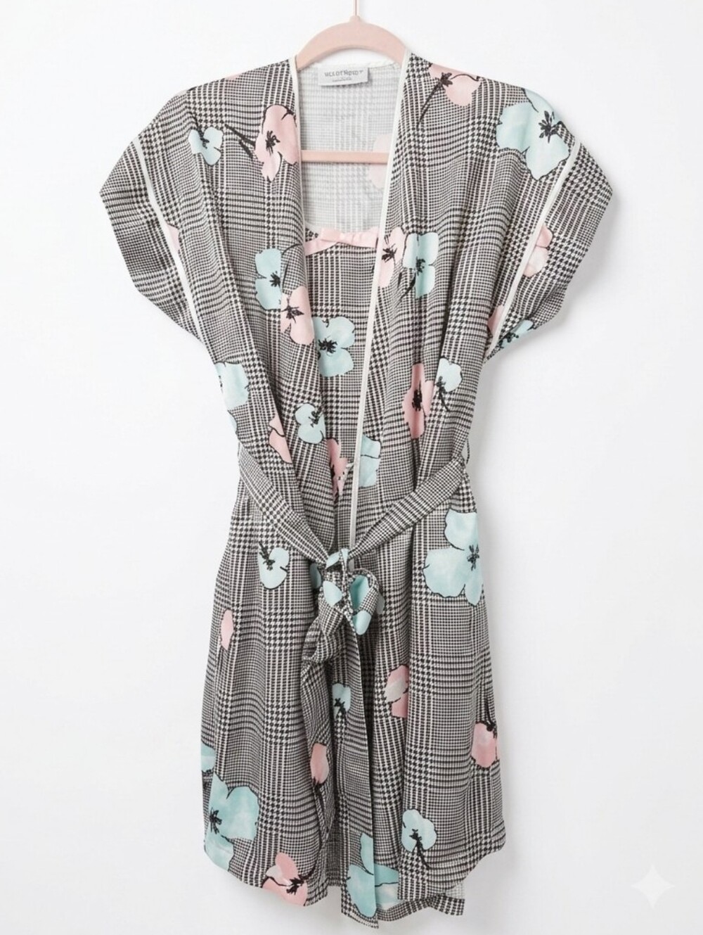 Lily of France 2pc Nightgown Robe Set Petite Plaid Floral Retro ILGWU USA Chemis